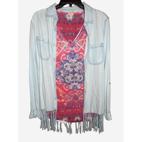 Reba 2 Piece Small Soft Fringed LS Shirt & SS Blouse Floral Print Rhinestones - Picture 1 of 6